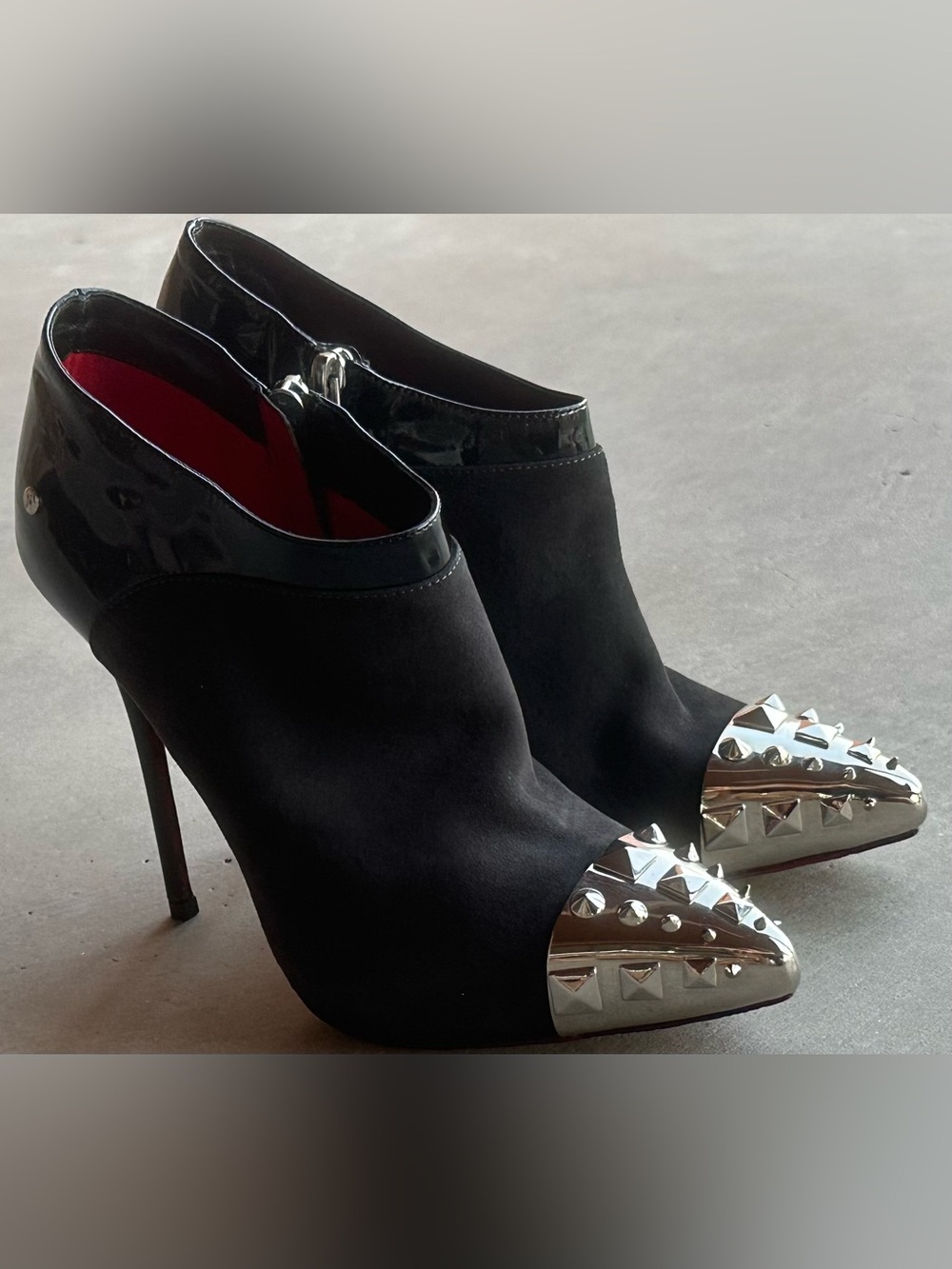 Cesare Paciotti Black Suede Patent Studded Metal Cap Toe Booties Ankle Boots 37